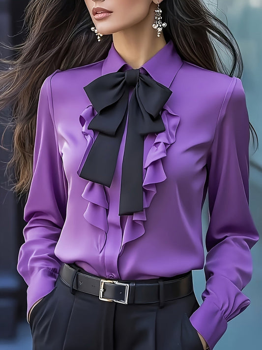 Rachel | Long Sleeve Button Up Blouse With Ruffled Bow