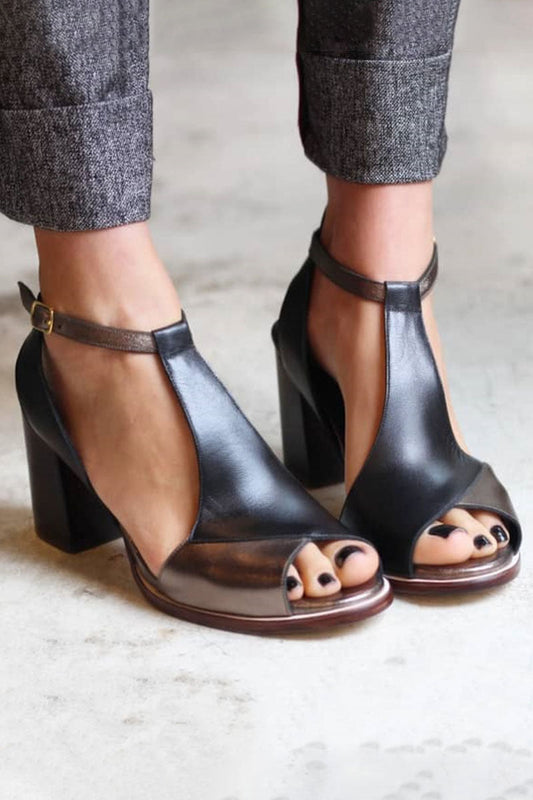 Nadaria | Black Patchwork Peep Toe Heels