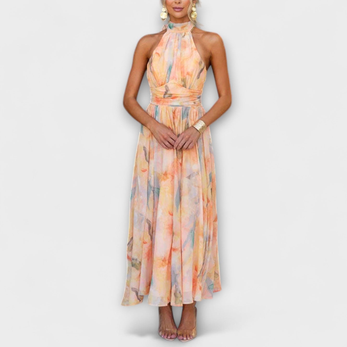Ainsley | Neck Watercolor Print Maxi Dress