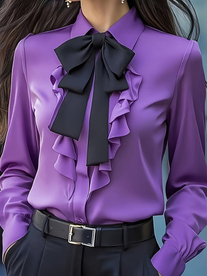 Rachel | Long Sleeve Button Up Blouse With Ruffled Bow