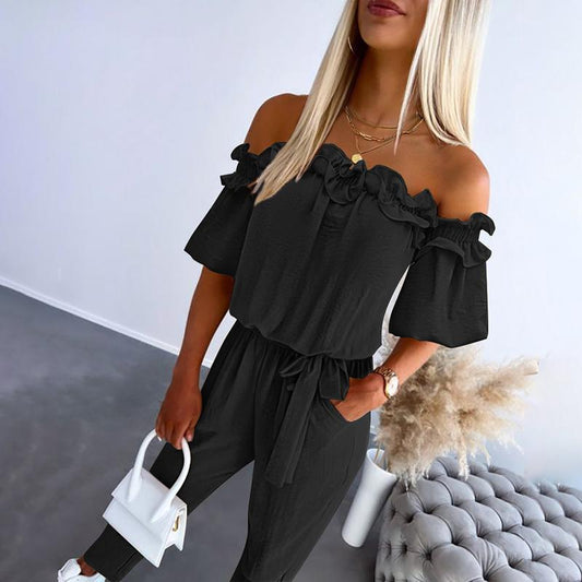 Zaria | Chic Off Shoulder Frill Tie-Waist Jumpsuit