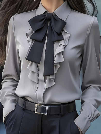 Rachel | Long Sleeve Button Up Blouse With Ruffled Bow