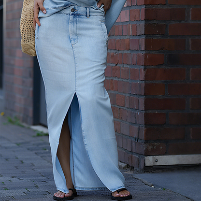 Cheska | Diagonal Shoulder Top with Split Denim Long Skirt